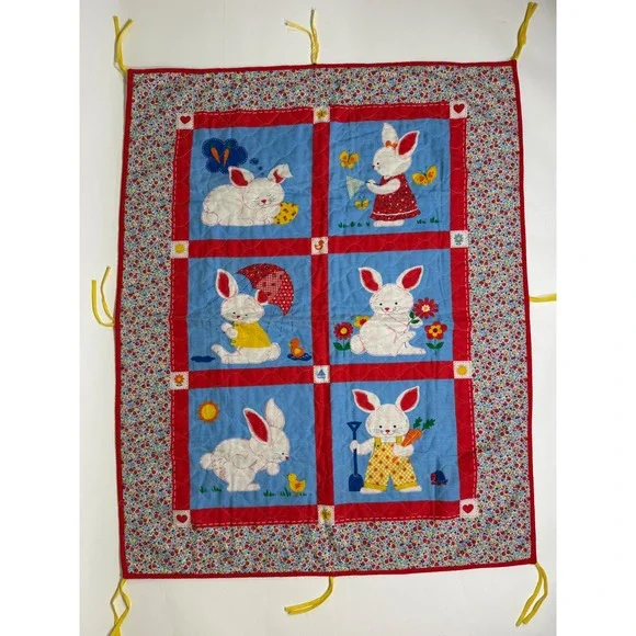 Vtg Bunny Quilt Blanket Crib Wall Hanging Applique Calico Floral Red Blue Ties