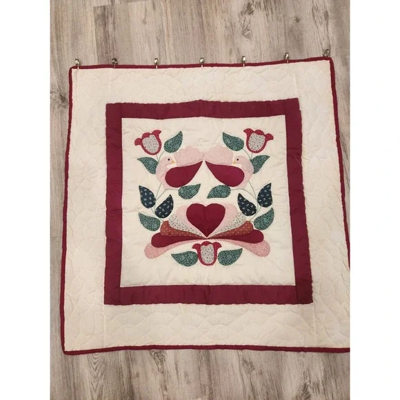 Vtg. Quilted Applique Hand Stitched Wall Quilt W/Bird Peacock Vine Tulips Flower
