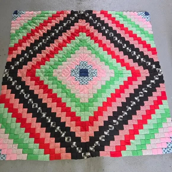Vintage Trip Around The World Quilt Top Polyester 70's Amish Sunshine Shadow