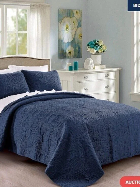 QUILT/COVERLET 3 PC SET-FULL/QUEEN-NAVY BLUE-OVERSIZED
