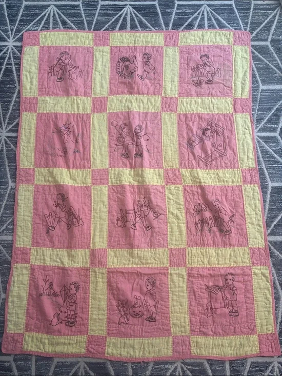 Vintage Pink and Yellow Patchwork Baby Quilt with Embroidered Design