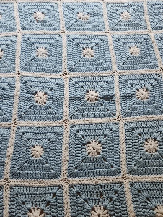 Handmade Crochet Granny Square Throw - Blue & Cream