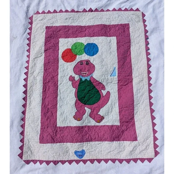 Vintage Handmade Barney the Dinosaur Baby Quilt Blanket Colorful Balloons 43