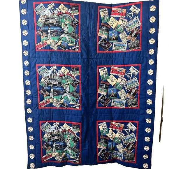 90s handmade sports baseball blue red toddler bed quilt w hidden pocket 40x68
