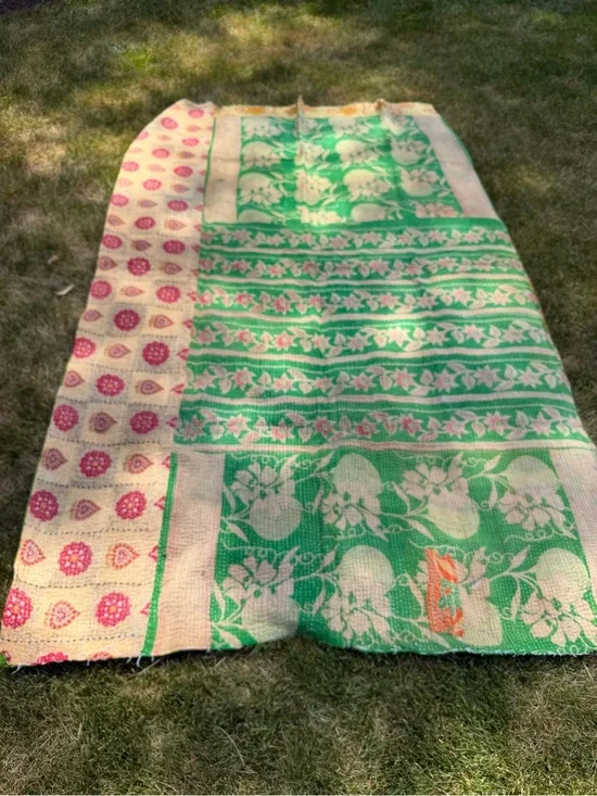 Vintage Handmade Kantha Quilt Reversible Green Orange Floral Throw Blanket