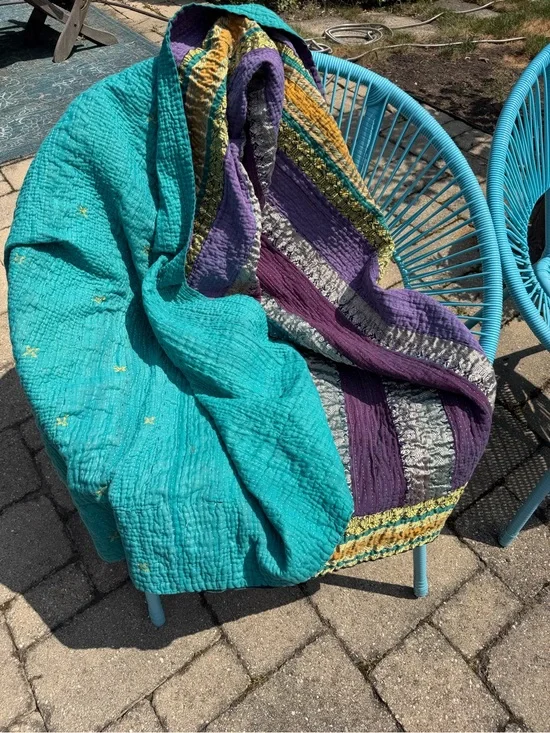Vintage Handmade Kantha Quilt Reversible Purple Teal Cotton Throw Blanket