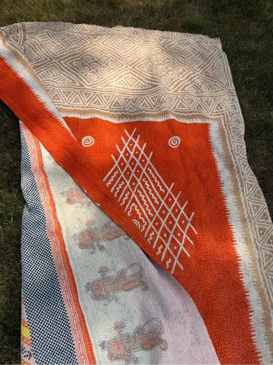 Vintage Handmade Kantha Quilt Reversible Orange Ikat Geometric Throw Blanket