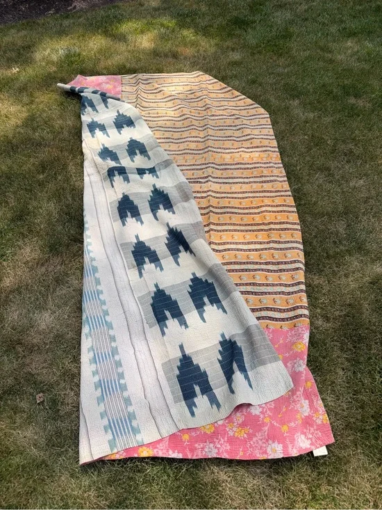 Vintage Handmade Kantha Quilt Reversible Cotton Boho Throw Blanket