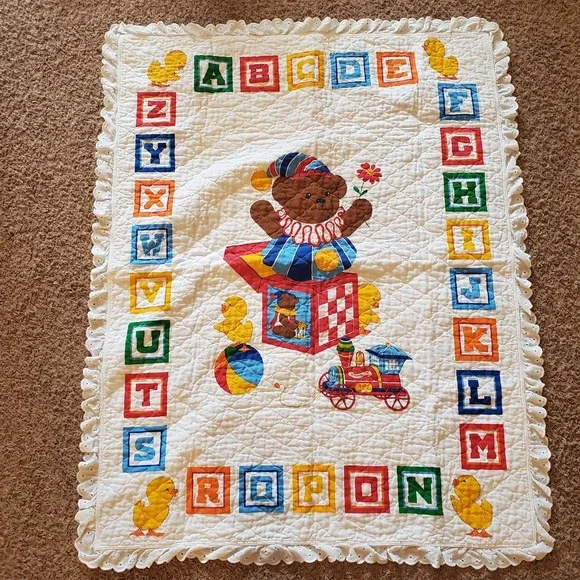 Daisy Kingdom teddy bear jack-in-the-box baby quilt Letter‎ Blocks Hearts