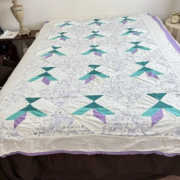 Vtg Patchwork Quilt Flying Geese Full Queen 83x82 Purple Teal Floral Handmade