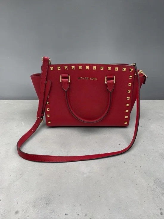 Michael Kors Red Studded Leather Satchel with Crossbody Strap
