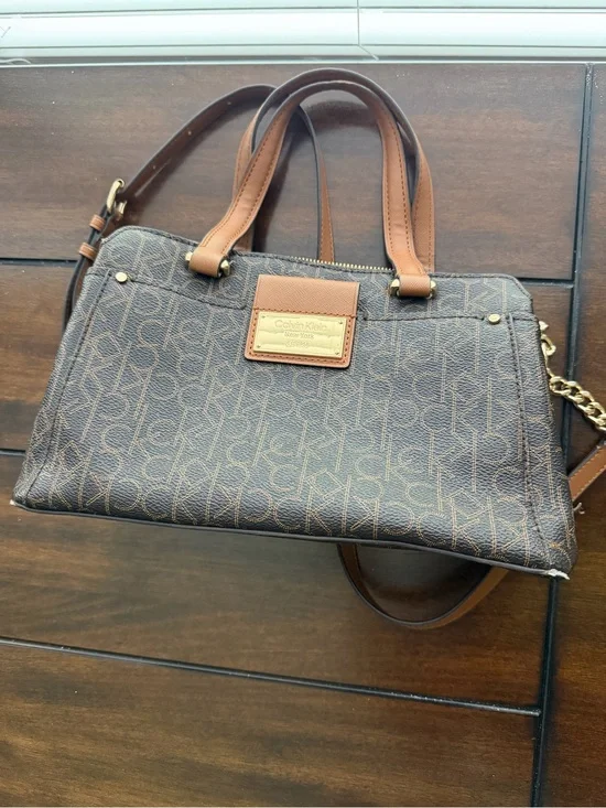 Calvin Klein Brown Monogram Satchel with Tan Trim