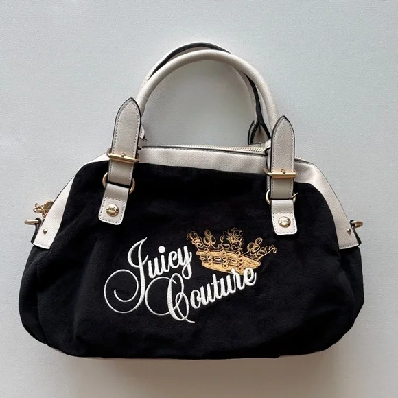 Juicy Couture Black Velour Satchel Bag White Trim Gold Crown Logo