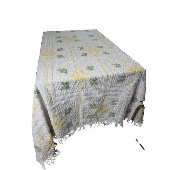 Vtg Chenile Bedspread Soft Yellow White Fringe Queen Full Double
