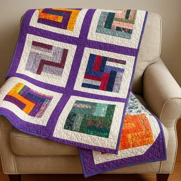Handmade Patchwork Quilt Throw 50” x 50” Lap Blanket Purple.