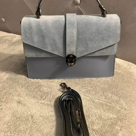 Blue Smooth Leather and Suede Satchel