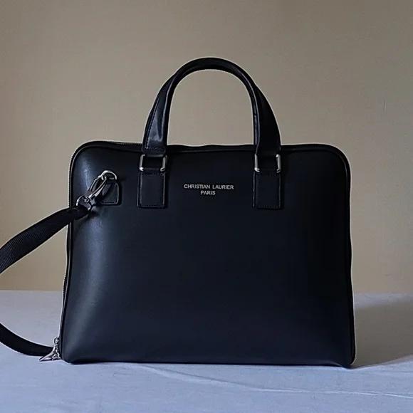 Christian Laurier Jimi Black Leather Work Laptop Bag Structured Satchel