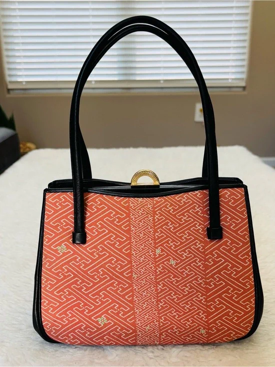 Kimono Japanese black leather  Orange Fabric Small Handbag/Satchels Bag