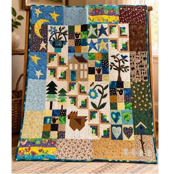 Handmade Folk Art Sampler Quilt Throw 61x50 Appliqué Cottage Country