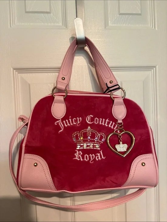 BNWT JUICY COUTURE Royal Pink Velour Crown Satchel Crossbody Y2K McBling Satchel
