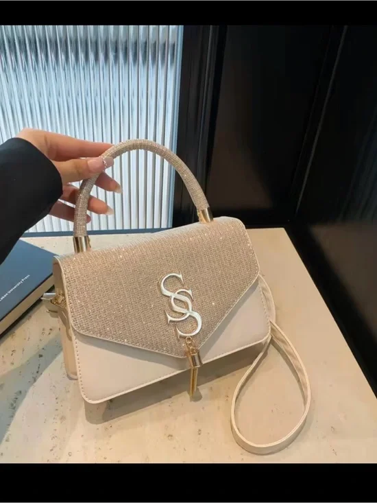 Chic Cream Top-Handle Crossbody Bag with Sparkle Flap
