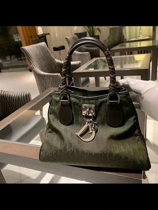 Dior Olive Green Monogram Satchel with Braided Dark Brown Handles