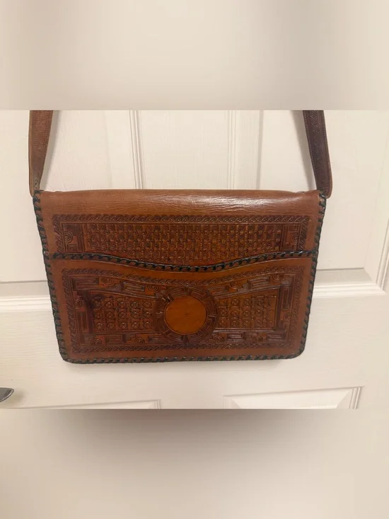 Vintage 1970s Mexican Hand Tooled Leather Shoulder Bag Aztec Calendar Boho