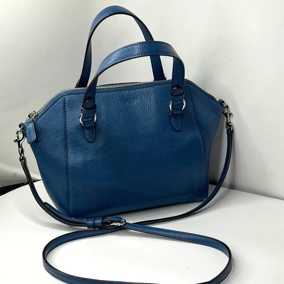 Coach Blue Pebbled Leather Two Way Crossbody Double Handle Zip Top Satchel Bag