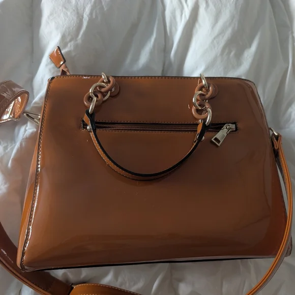 Elegant Brown/Rust Patent Leather Handbag with Matching Wristlet Wallet