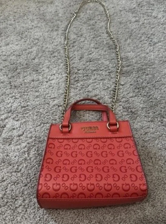 Mini GUESS Red Satchel Top Handle Bag Logo Embossed Chain Accent Gold Hardware