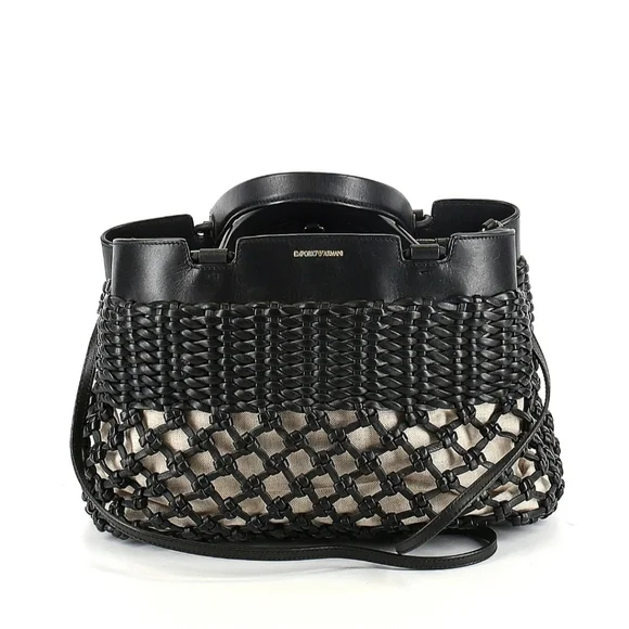 Emporio Armani Black/Beige Leather and Canvas Woven Knot Satchel Bag
