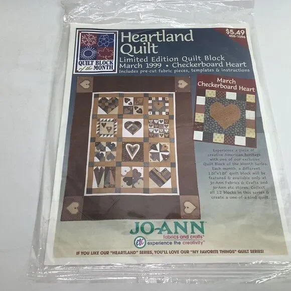 JoAnn Heartland Quilt Block  Checkerboard Month March‎ 1999 Heart Sealed new