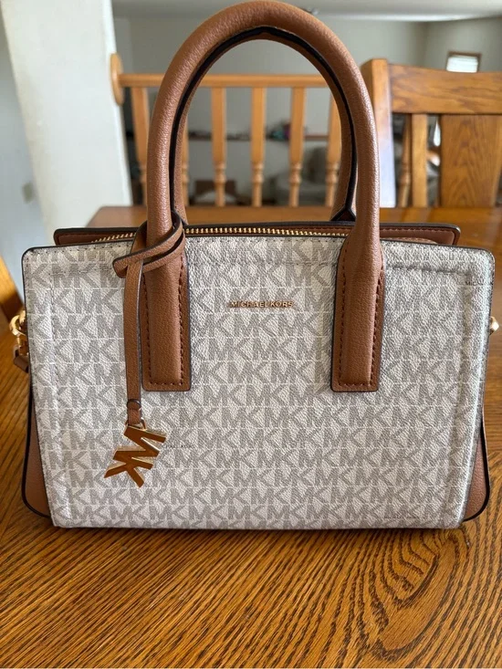 Michael Kors Vanilla Logo Satchel with Acorn Leather Trim