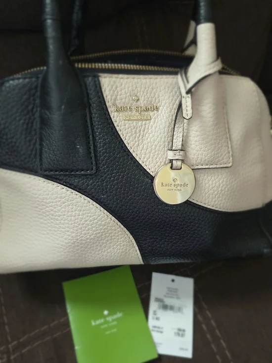 kate spade Two-Tone Black and Cream Leather Satchel with Gold Charm