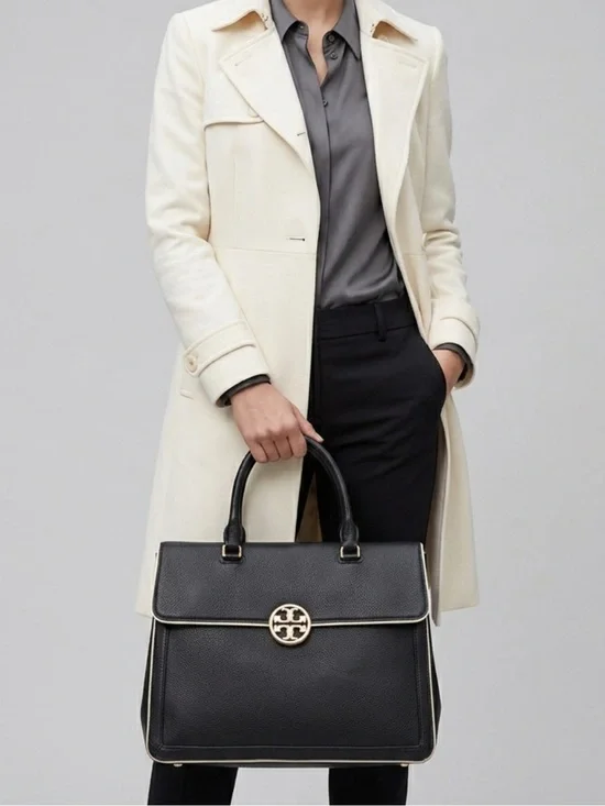 Tory Burch Black Leather Satchel with Gold Emblem