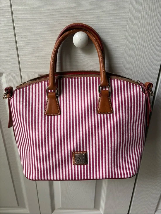Dooney & Bourke Red and White Striped Satchel with Brown Trim