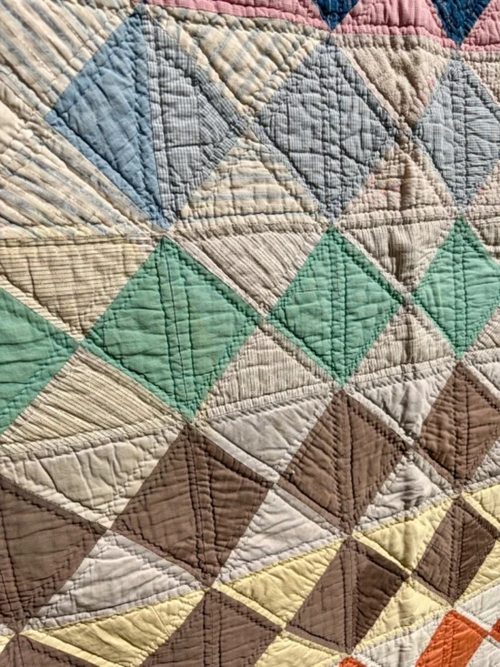 Vintage 1950s Patchwork Quilt 62 x 82, Handmade Hand Quilted Diamond Quilt