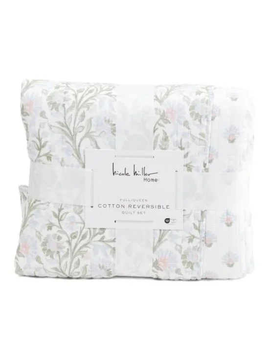 NICOLE MILLER White Floral Cotton Reversible Quilt Set