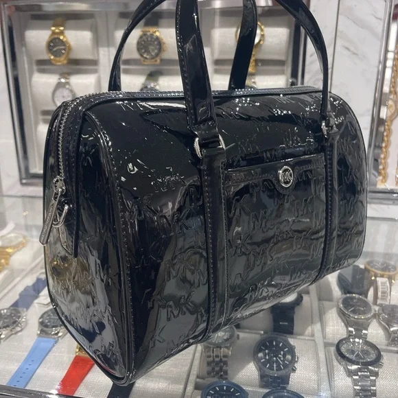 MICHAEL KORS Jet Set Medium Patent Logo Debossed Duffel Crossbody Bag Silver NWT