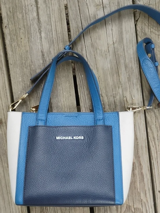Michael Kors Gemma Sm Satchel Navy, Bright Blue & White Pebbled Leather Satchel