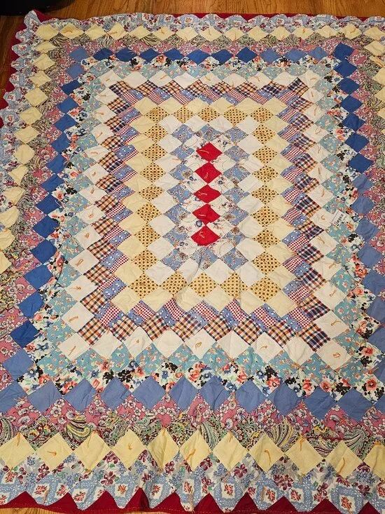 Vintage Antique Trip Around the World Hand Made QUILT Squares Diamonds