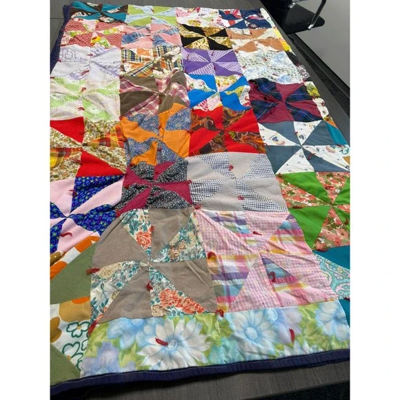 Vintage Handmade Patchwork Pinwheel Quilt Multi Color Scrappy Folk Art 78x65