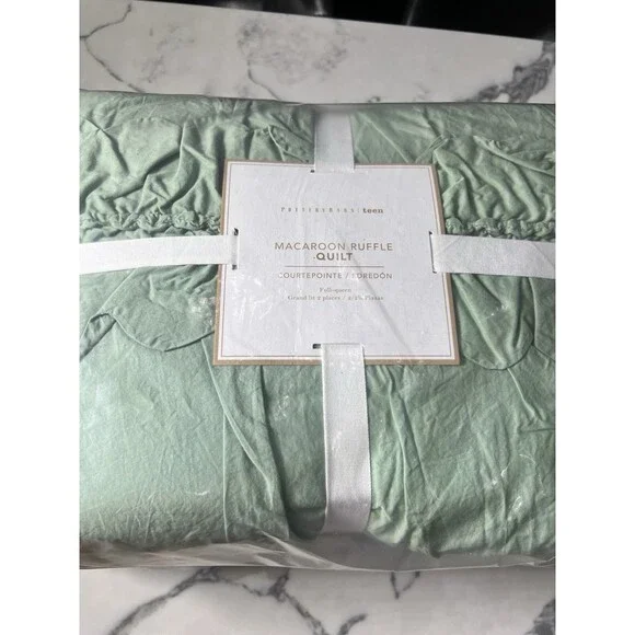 NEW Pottery Barn Teen full Queen Macaroon Ruffle Quilt & 2 standard shams Green