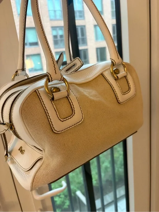 Dolce & Gabbana Beige Canvas Satchel with White Leather Trim and Gold Hardware