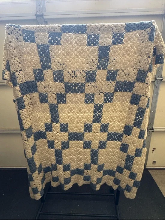 Handmade Cream and Blue Crochet Throw Blanket
