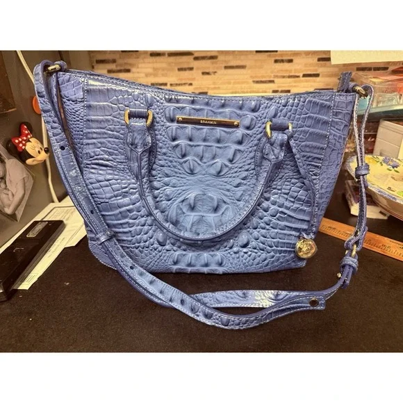 Brahmin Small Lena Satchel Croc Iris Blue Leather Shoulder Handbag Vtg Unused