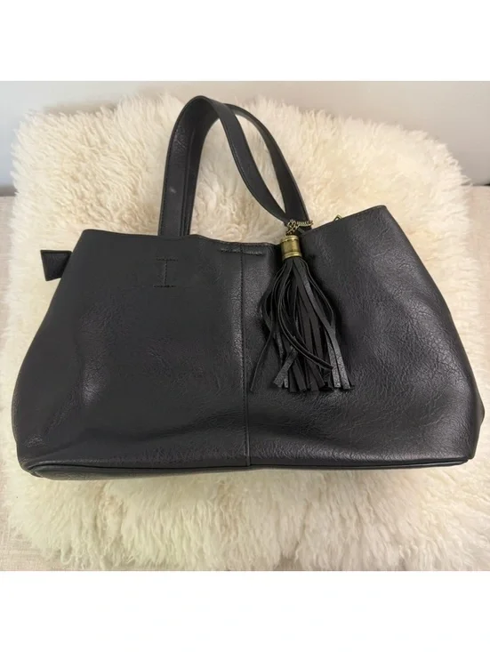 Black Faux Leather Tassel Tote Bag Convertible Crossbody Shoulder Purse