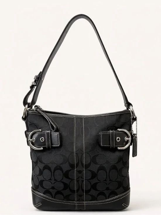 Coach‎ Black Signature Canvas Shoulder Hobo with Buckle Accents