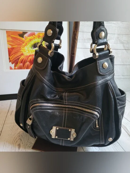 B. Makowsky Black Leather Shoulder Bag with Braided Handle and Front Pocket