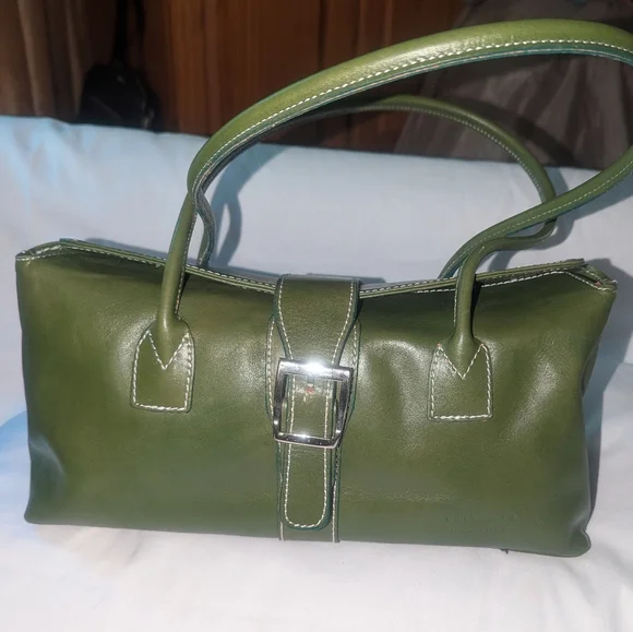 Vera Pelle Green Leather Shoulder Bag.Made In Italy